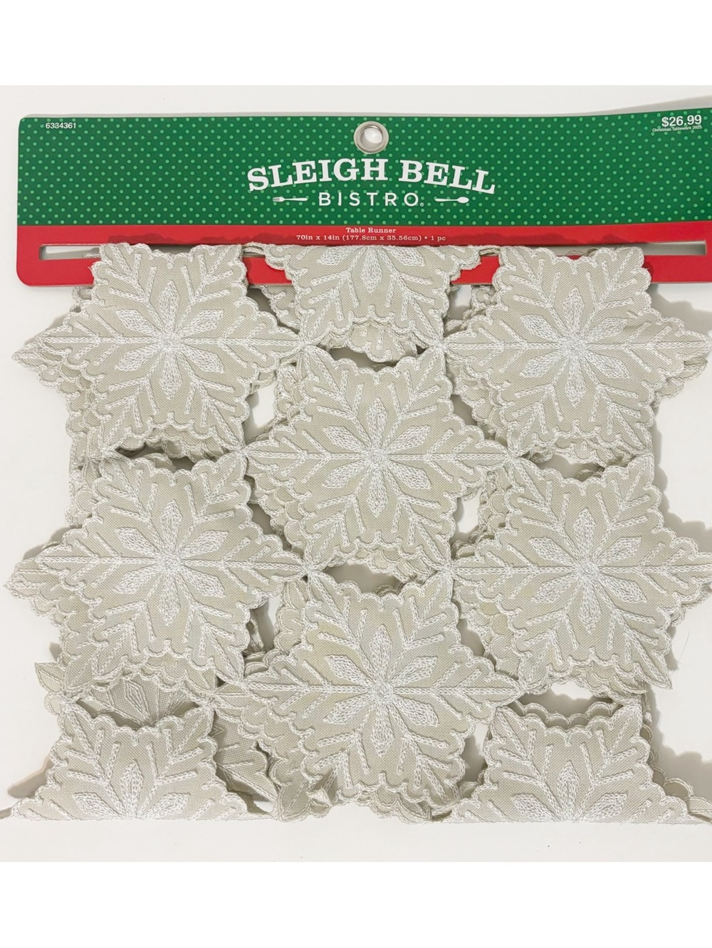 Sleigh Bell Bistro Off-White Snowflakes Table Runner w/Glitter Embroidery, 14x72